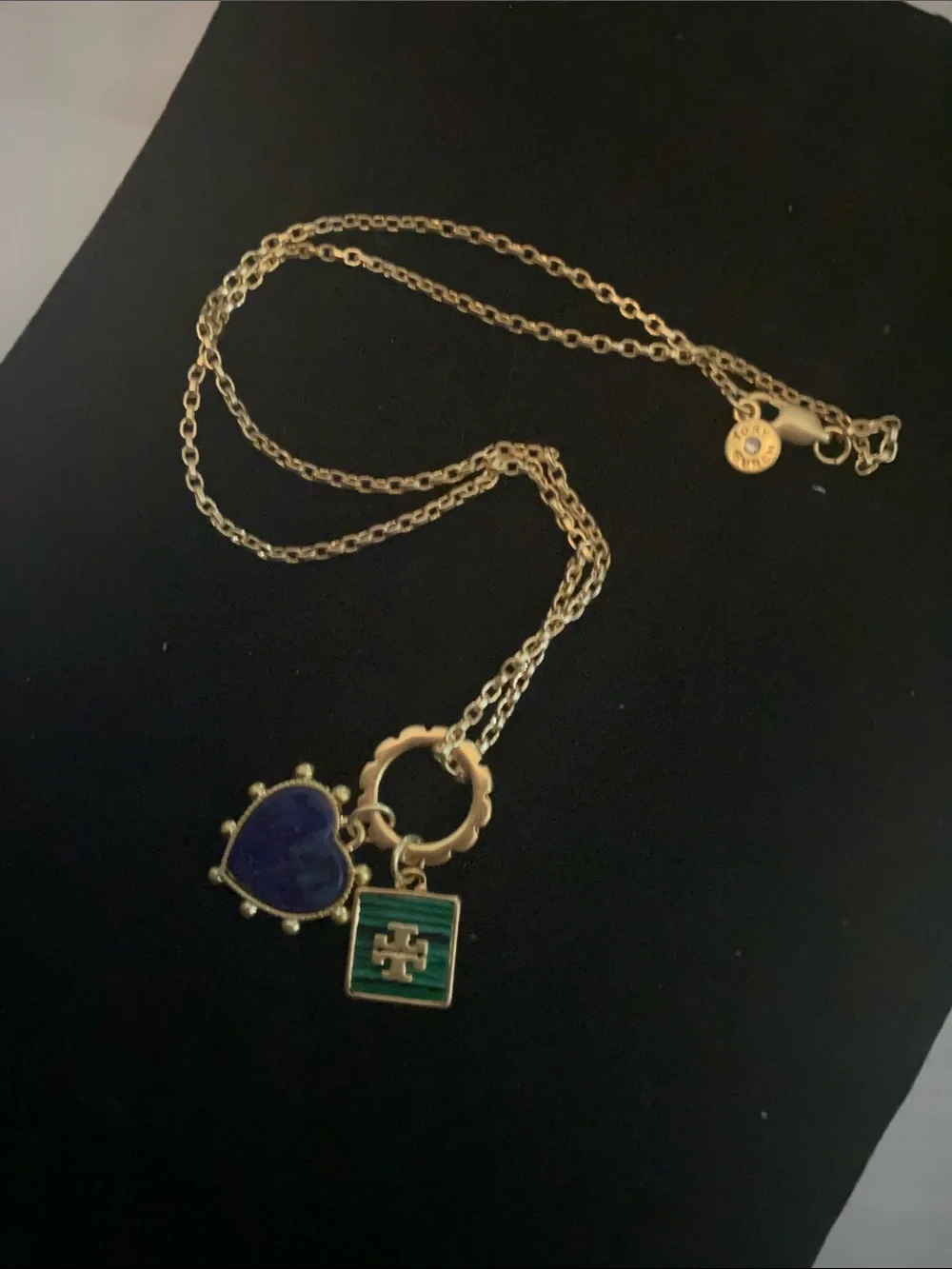 Tory Gold-Tone Necklace with Blue Heart and Green Logo Charms
